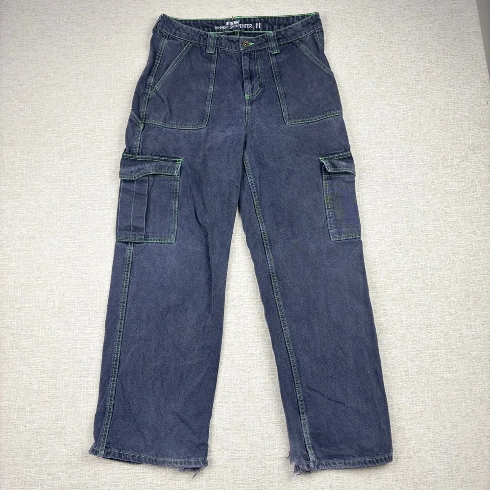 HT Denim Mens Hi-Rise Carpenter Pants Gray Neon Green Stitch Y2K Cargo 32x28